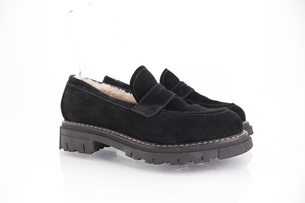 La Canadienne Devin Shearling Lined Loafer Black Suede Lug Sole Size 11
